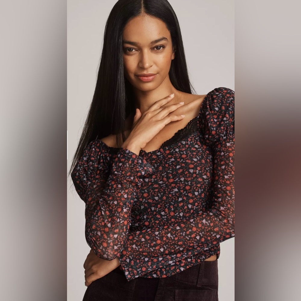 Maeve Mutton-Sleeve Scoop-Neck Ditsy Floral Top - LIKE NEW